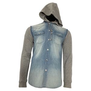 Balmain Hooded Jacket in Blue Denim and Grey Cotton